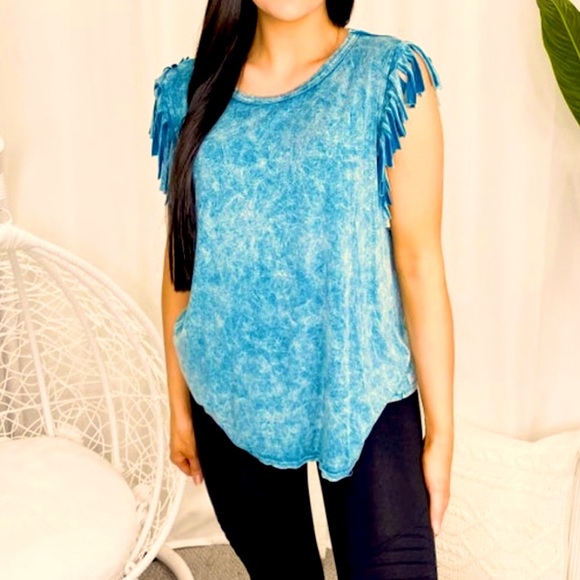 NEW WOMENS MINERAL WASH FRINGE SHIRT - Picture 1 of 3